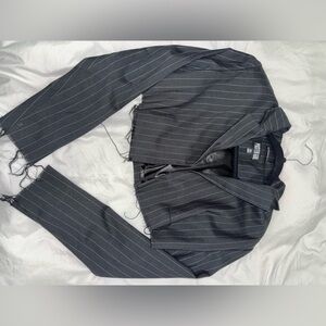 Pinstripe Cropped Blazer - Dark Gray with Thin White Stripes